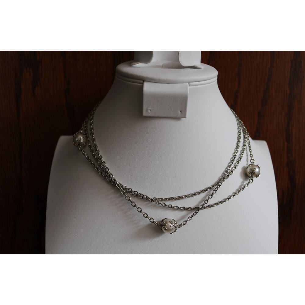 Imitation Pearl Flower Necklace Extra Long Opera Length Layered Silver Tone 27in - Picture 2 of 6